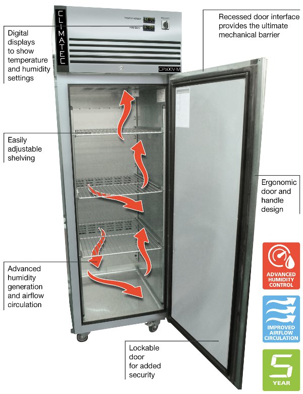 Climatec Pharmaceutical Manual Cabinet main attributes Climatec Pharmaceutical Fully Programmable Cabinet with digital displays, adjustable shelving, advanced humidity generation and airflow circulation